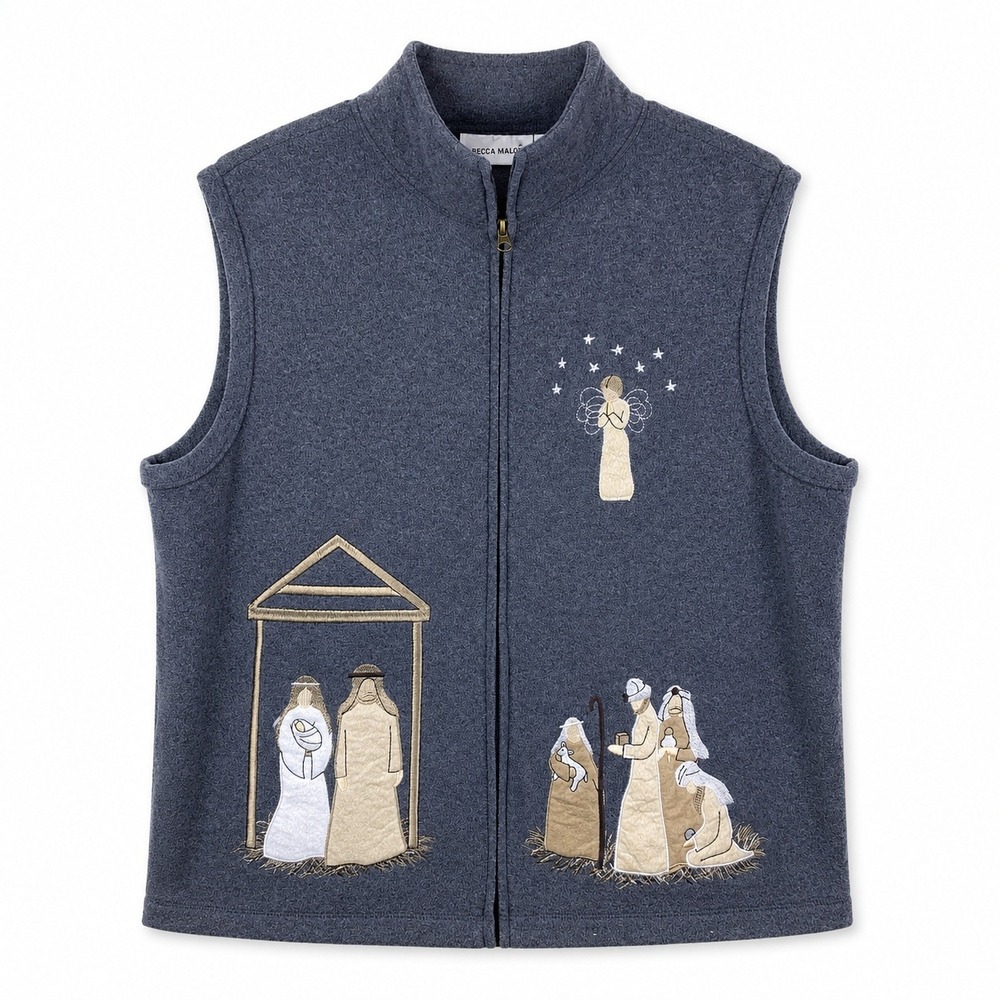 NWT Rebecca Malone Nativity Fleece Vest Women XL Grey Christmas Religious